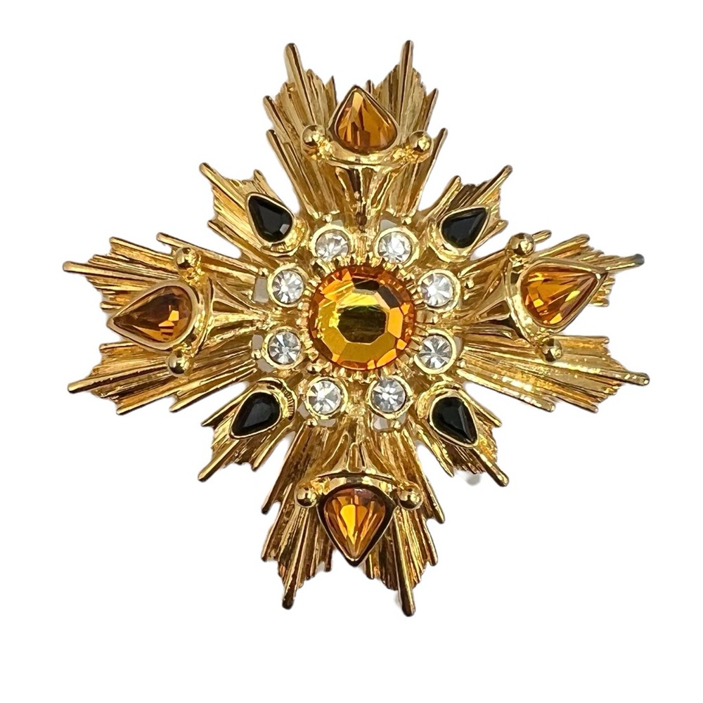JOAN RIVERS STARBURST AMBER, GOLD & BLACK BROOCH